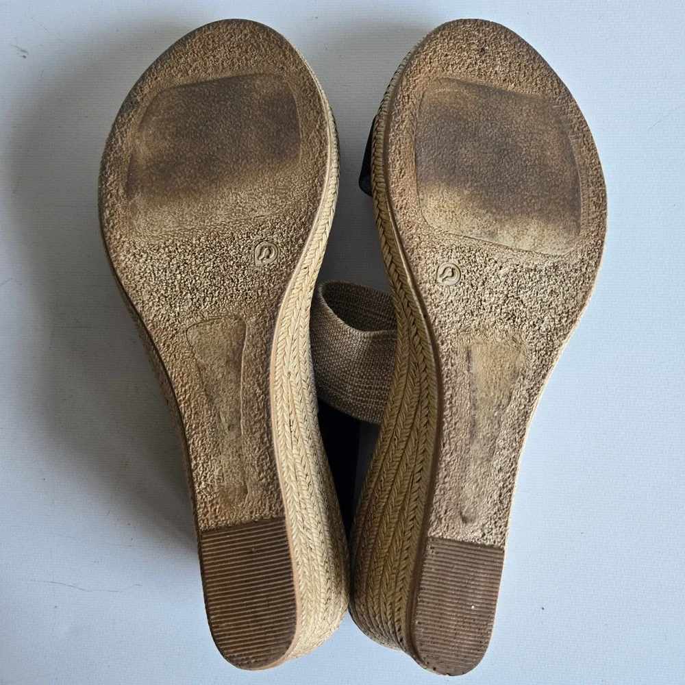 Charleston Shoe Co Womens Black Beige Elastic Strap Espadrille Wedge Sandals 9